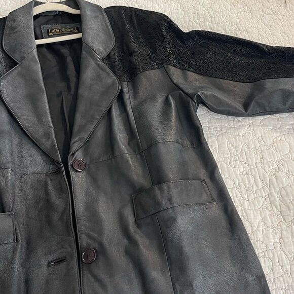 Vintage 90s Ladies Black Leather Trench Coat Full Length Long Large 80s Mob Wife - Picture 11 of 14